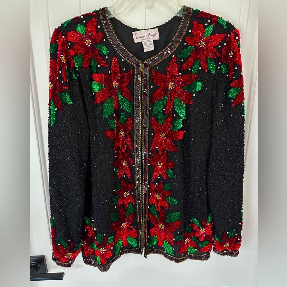 LAURENCE KAZAR 100% SILK Black Sequin Floral sweater Sz M